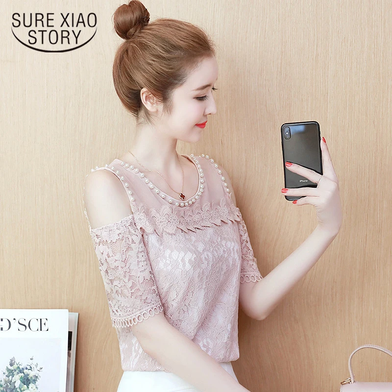 

New Fashion Woman Blouses 2019 Summer Off Shoulder Top Beading Short Sleeve Lace Blouse Lace Floral Women Clothes 0782 30