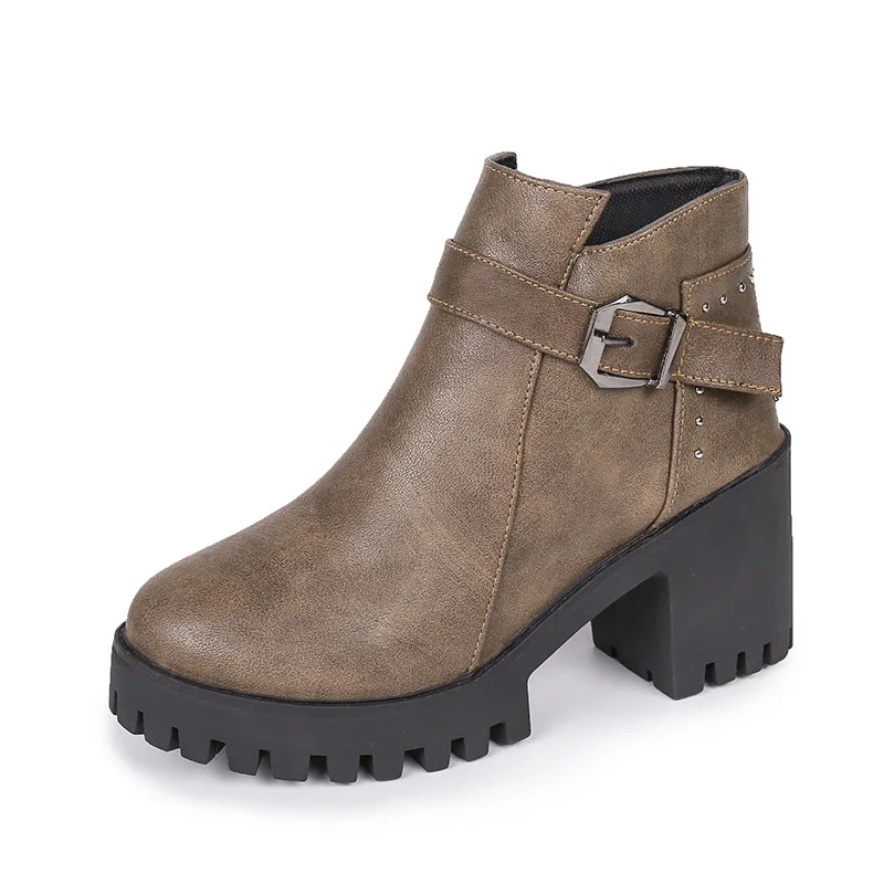 

2019 autumn and winter European and American belt buckle side pull round head women's booties gray 0228