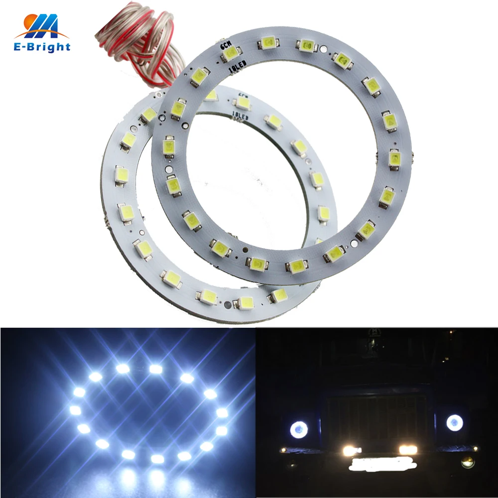 YM E-Bright 2 PCS Angel Eye 60MM 1210 18 LEDs 3528 6CM Halo Rings 12V DC SMD 144Lm For Car Lights Headlight Cold White | Автомобили и