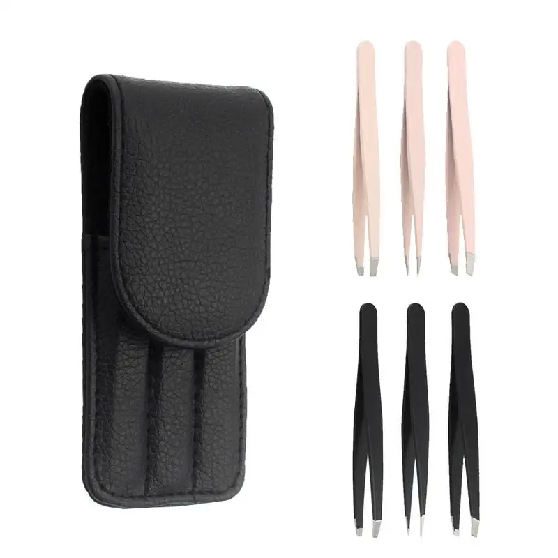 

3PCS/ Set Eyebrow Shaping Set Including Flat Pointed Slant Tip Eyebrow Tweezers With Black Leather Case Easy To Use And Portable