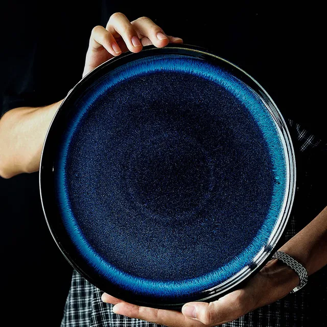KINGLANG Japanese Kiln Glaze Deep Blue Dinner Plates 8inch 10inch