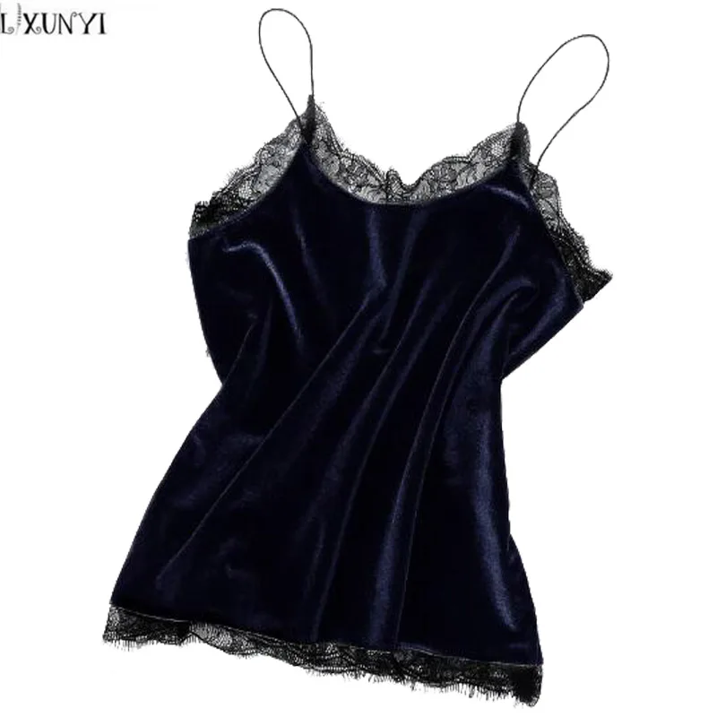 

LXUNYI 2019 Spring New Arrival Loose Women Tank Top Sexy Lace Patchwork Velvet Top Gray Black Dark Blue ladies Velour tops