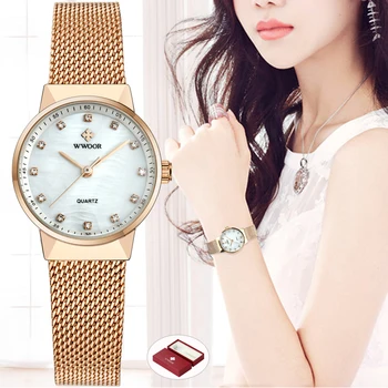 WWOOR Women Watches Quartz Waterproof Rose Gold Dress Ladies Watch Women Brand Luxury Mesh Bracelet Wrist