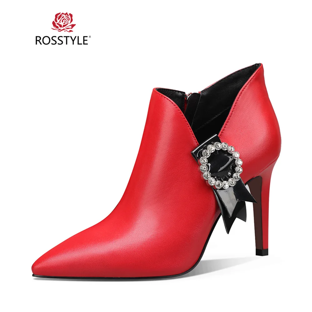 

ROSSTYLE Elegant Winter Woman Ankle Boots Quality Genuine Leather Pointed Toe Short Boot Sexy Thin Heel Appliques Lady Boot B34