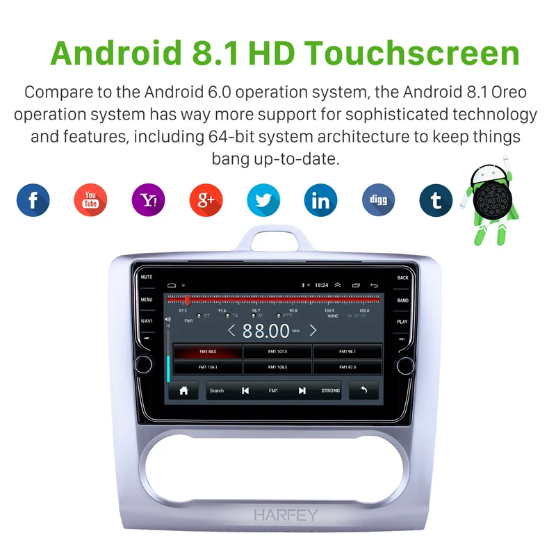 Excellent Harfey 2Din HD Car Stereo Android 8.1 for Ford Focus Exi AT 2004 2005 2006 2007 2008 2009 2010 2011 with DSP 4RAM 32ROM 2.5D IPS 1