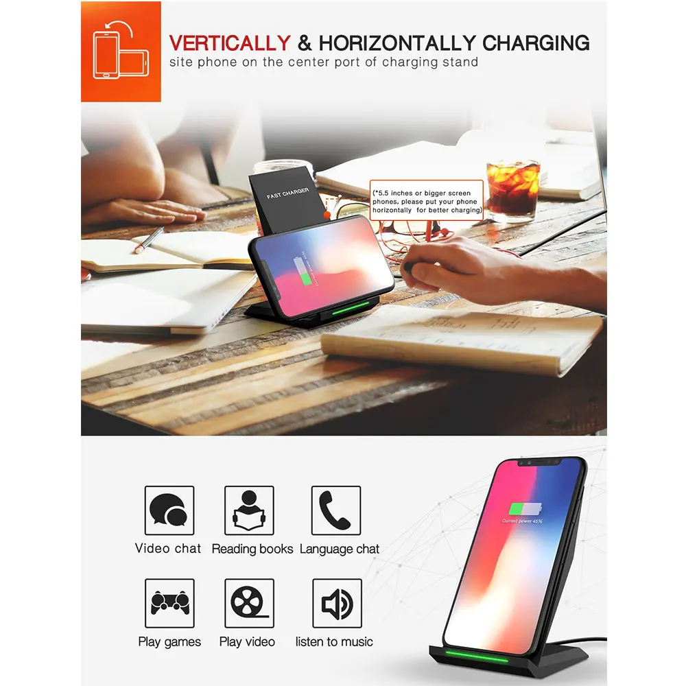 Ascromy For iPhone X Wireless Charger Qi Fast Charging Stand for Samsung Galaxy S9 Plus S8 Note 8 iPhone 8 Plus induction Charge (4)