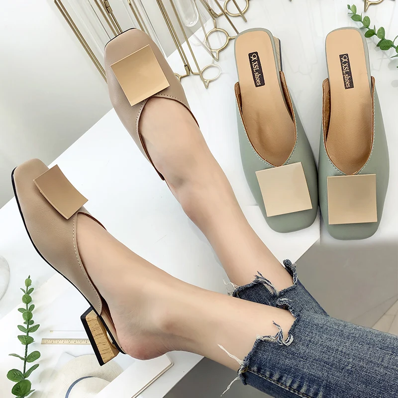 Summer Sandals Elegant Leather Mules Women Mules Shoes Ladies Slippers Low Heels Outdoor Slippers Slides Chaussures Femme