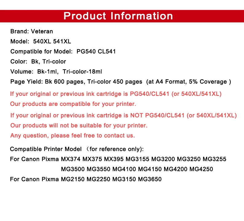 Ветеран пополнен pg-540 чернильный картридж совместим с Canon pg 540 XL pg540 Pixma MG3150 MG3550 MG4250 MG3250 MG3255 принтер