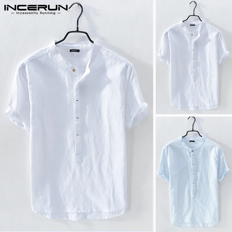 

INCERUN Chinese Style Collar Cotton Short Sleeve Men's Casual Solid Color Thin 2020 Shirt Retro Shirt Breathable Summer Camisas
