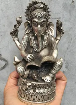

7" Old Tibet Buddhism Bronze 4 Arms Ganesha Elephant Jambhala god Buddha Statue