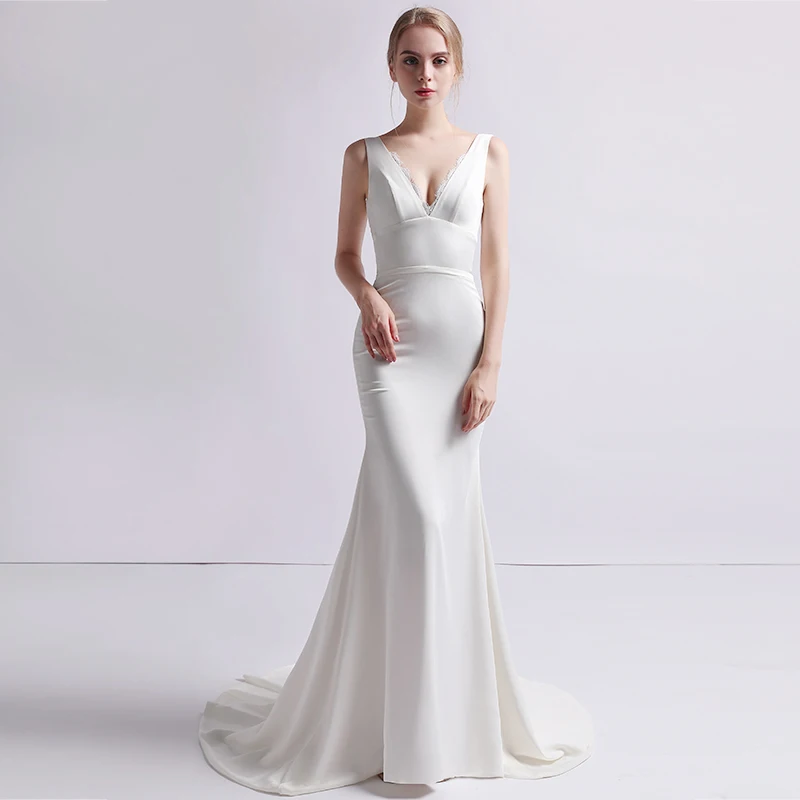 Пикантные шифон v-образным вырезом кружева Vestidos De Boda спинки Русалка Макси