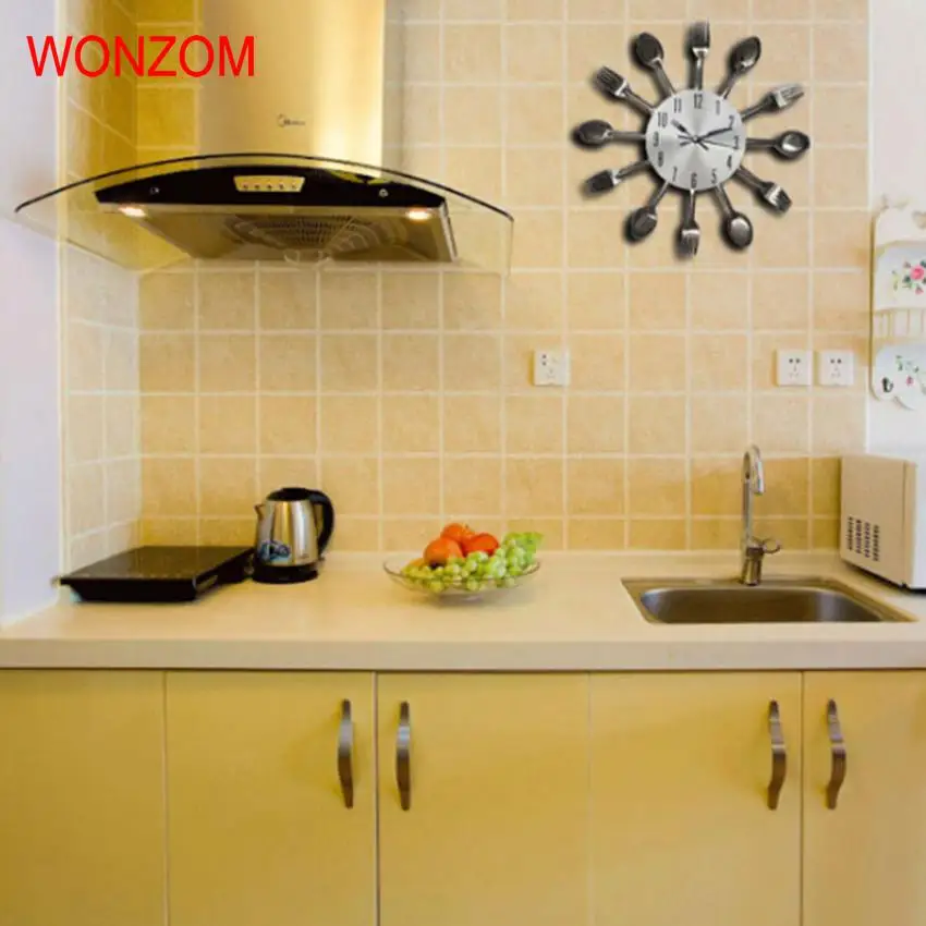 

Large 3D Spoon And Fork Analog Design Wall Clock Stainless Steel Kitchen Wall Watch Quality Quartz Needle Clock Home Decoration