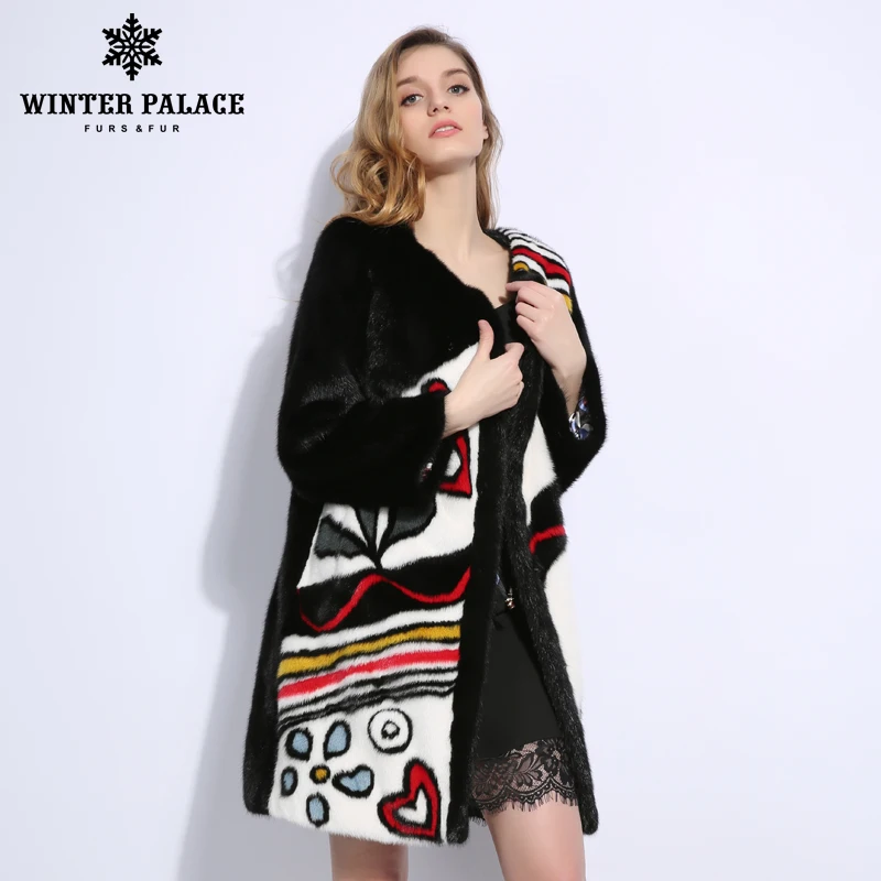 Playful pattern mink coat Round neck mink coats women real fur mink fur coat Imported velvet level