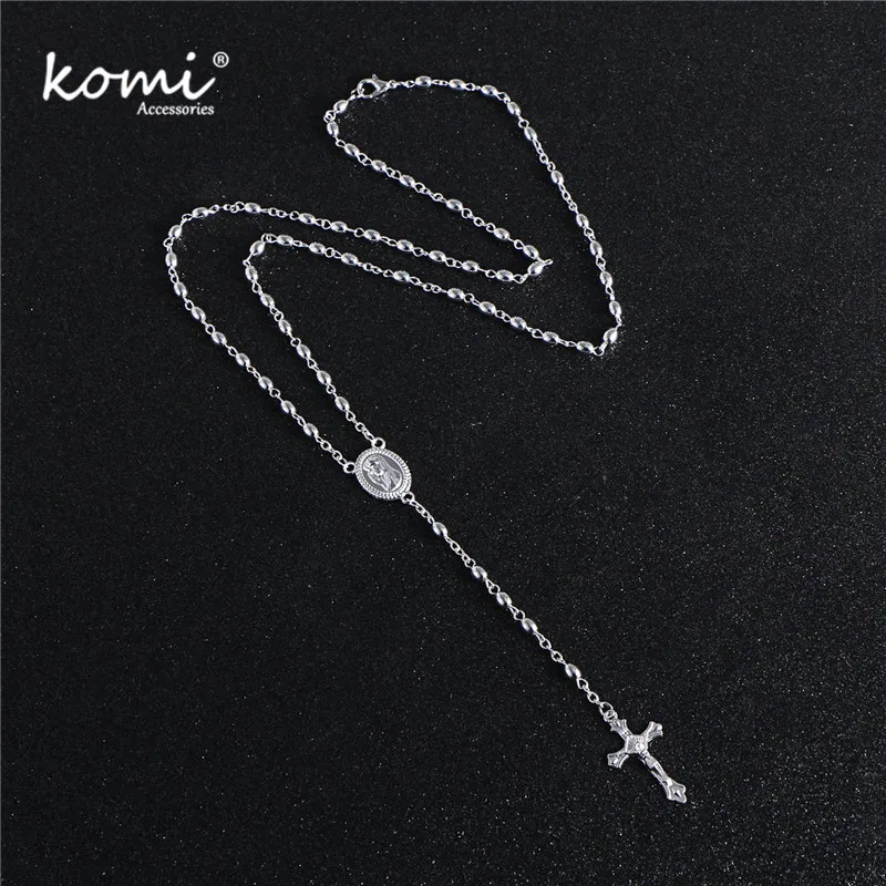 

KOMi Fashion Cross Pendant Necklace Silver Color Handmade Alloy Bead Religion Rosary Jewelry Christian Chain R-110