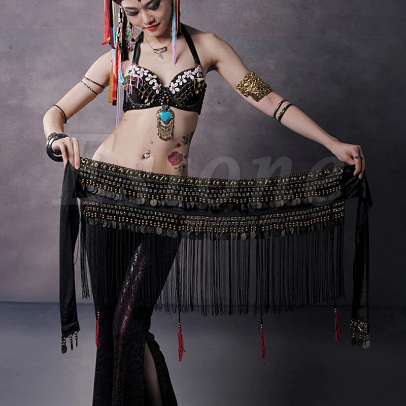 

Belly Dance Hip Scarf Tribal Fringe Tassel Belt with Copper Coins Adult Costume
