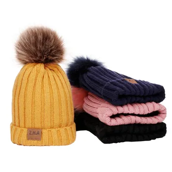 

Woman Knit Beanie Hat and Scarf Set Hairball Pom Pom Hats Female Thick Hat Winter Warm Cute Girls Fashion Cap Collar Suit F30