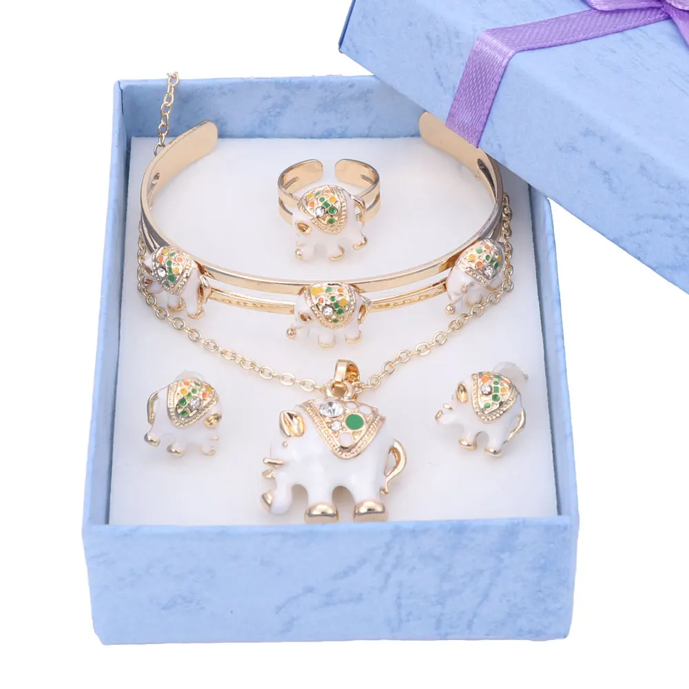 Золотой цвет милый слон дети ювелирные изделия Детские ювелирные наборы дети ожерелье браслет серьги кольцо набор+ подарочная коробка - Окраска металла: White