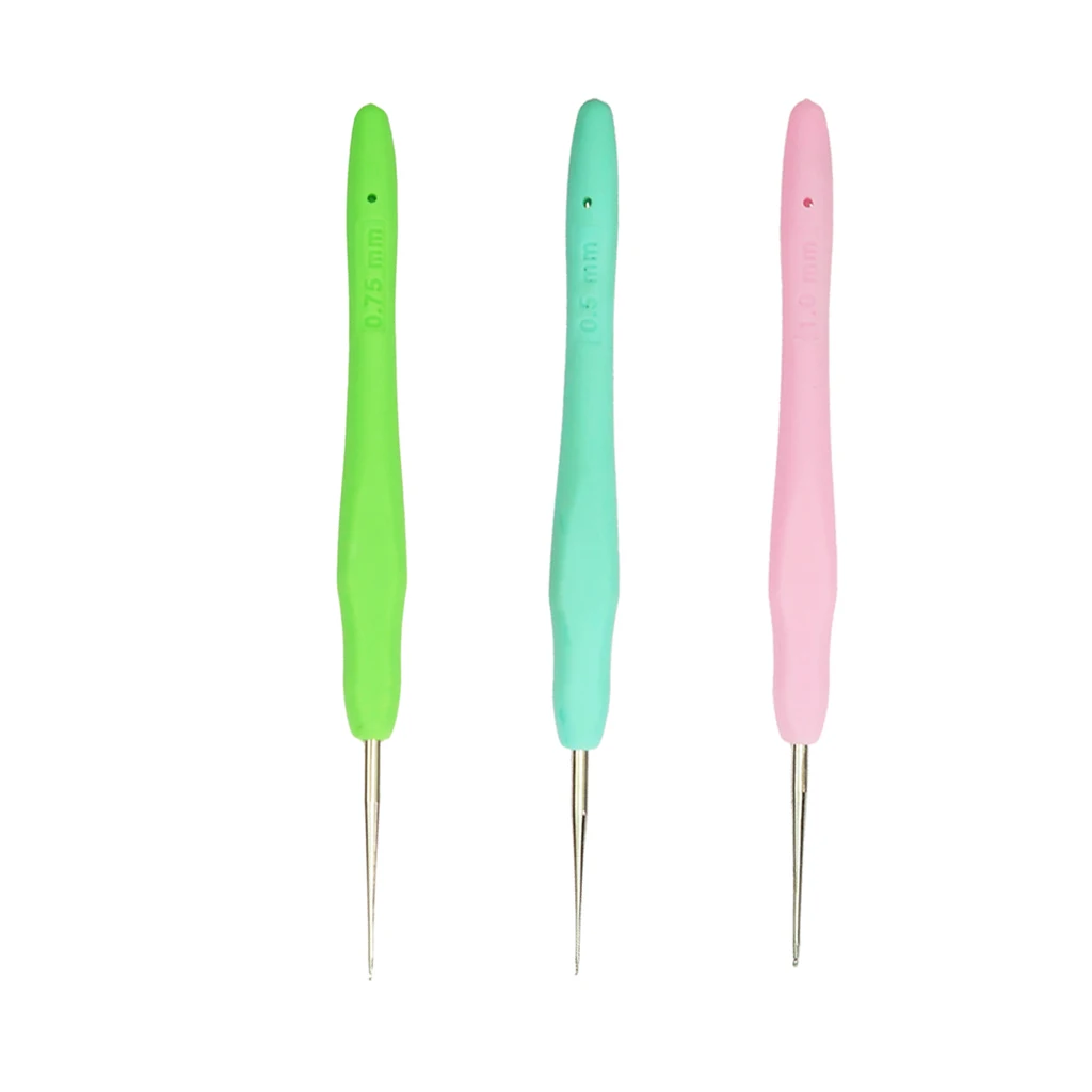 3pcs Soft Grip Handle Stainless Steel Crochet Hook Craft Knitting Yarn Needles for Sewing Arts 0.5-1mm