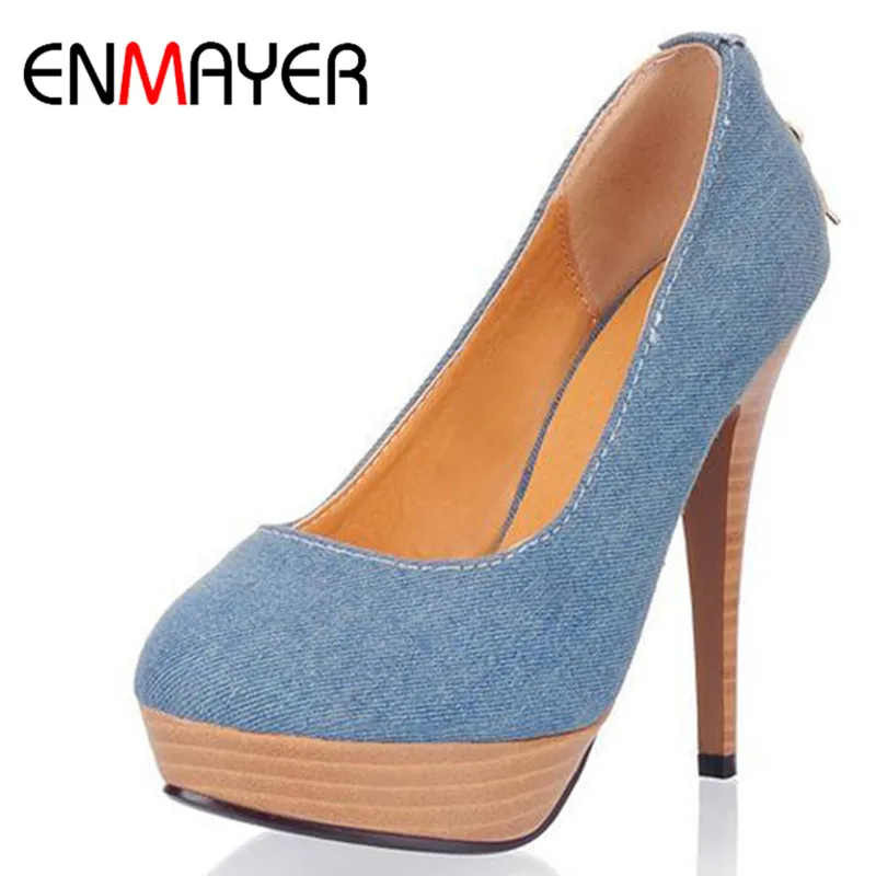 

ENMAYER 2018 New Hot Sale Sexy Canvas Party Pump High Heels Shoes With Buckle Platform Wedding Shoe