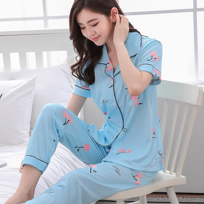 

Women's Lovely Wear Leisure Pijamas Clothes Sleepwear Summer Autumn Short Sleeved Women Pajamas Sets Long Pant Girls Pyjamas Set