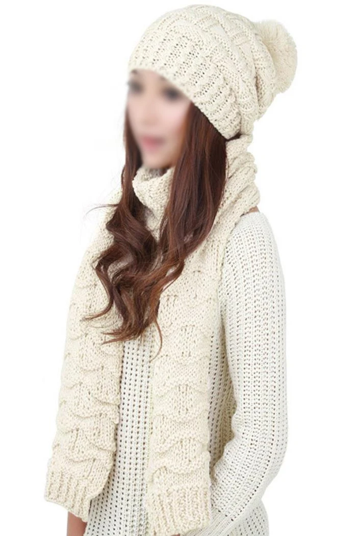 

Women's Winter Knitted Scarf and Hat Set Thicken Skullcaps-beige