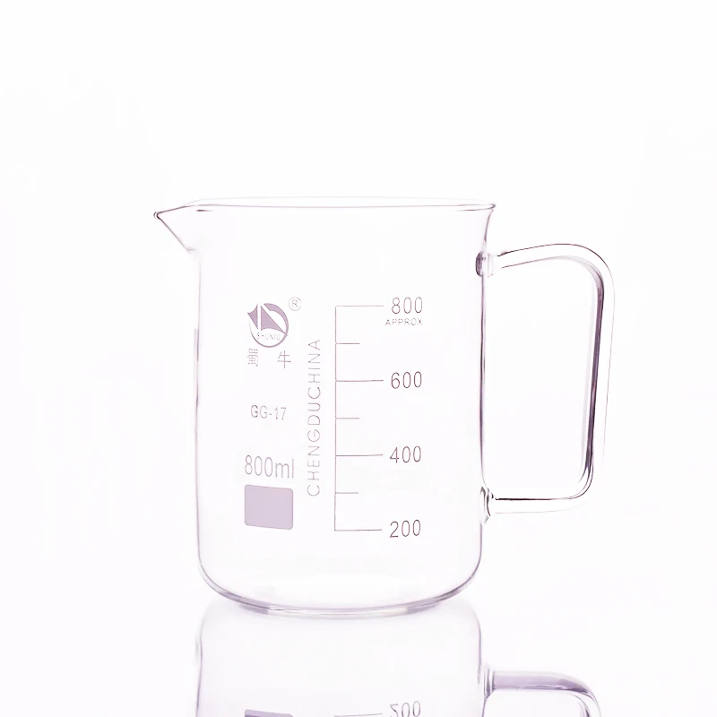 With handle beaker in low form,Capacity 800ml,Outer diameter=104mm,Height=138mm,Laboratory beaker with handle