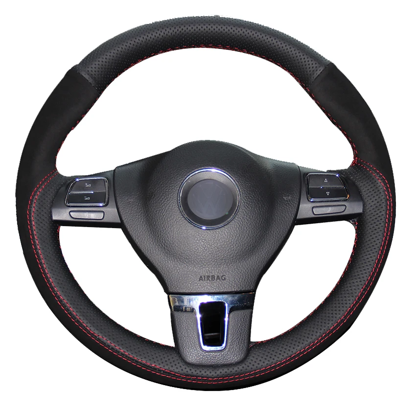 Black Natural Leather Black Suede Car Steering Wheel Cover for