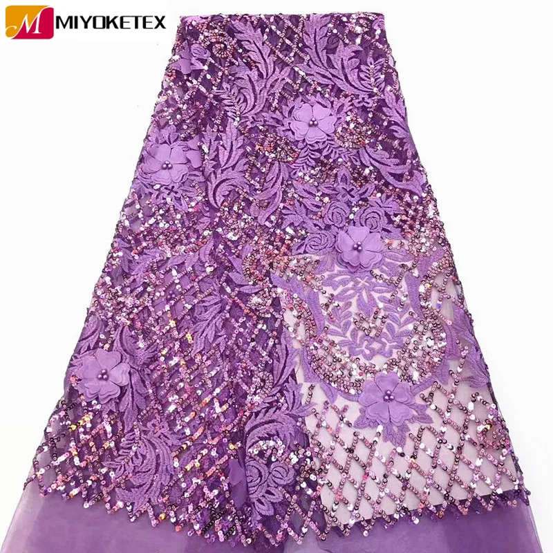 

Purple High Quality African 3D Flower Tulle Lace Fabrics French Net Embroidery Sequins Lace Fabric For Wedding Dress CDA136-1