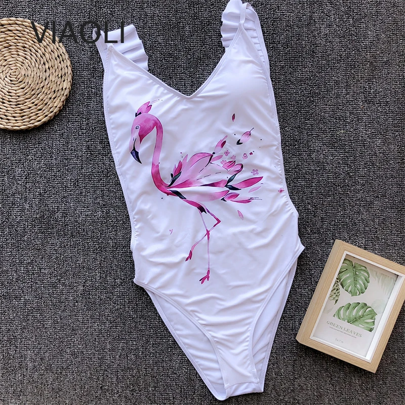 

Sexy One Piece Swimsuit Women Flamingo Leaf Print Swimwear Monokini Padded Swim Suit Retro Bodysuit Bathing Suit Beachwear