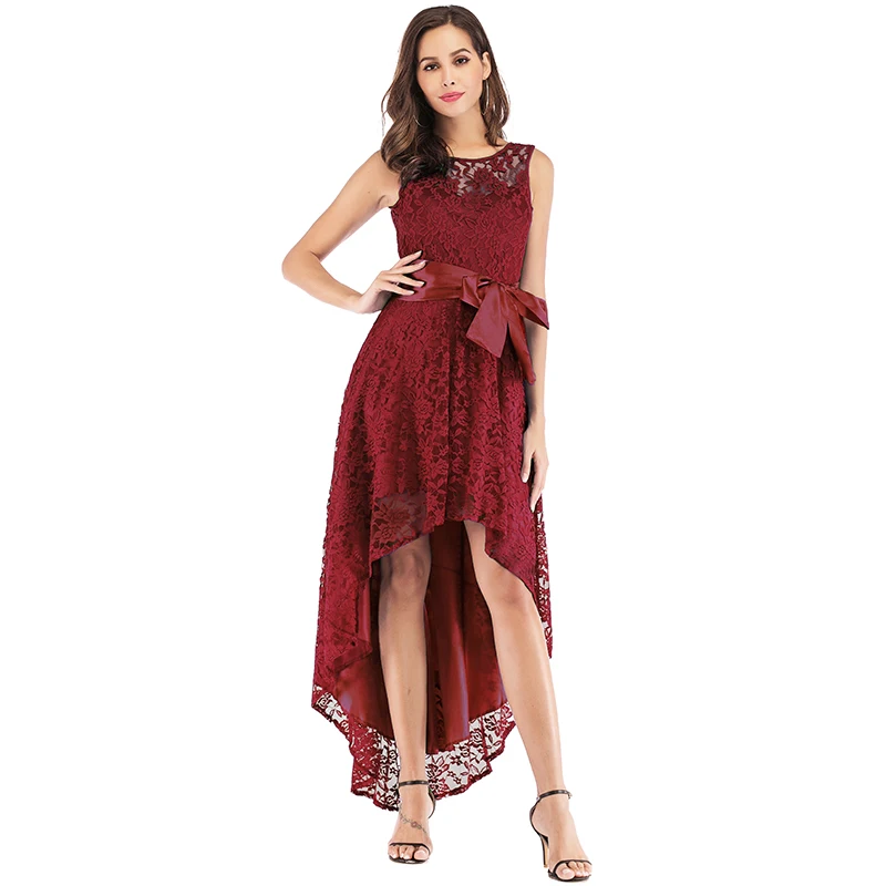 high low sleeveless belted lace dress