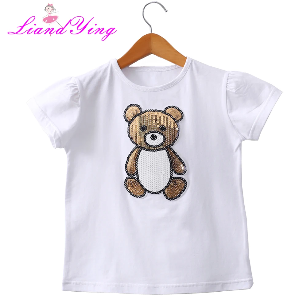 Коллекция года, летние хлопковые футболки с короткими рукавами для девочек, топы и футболки, детская одежда с блестками, яркие футболки для маленьких девочек с изображением медведя, От 2 до 12 лет
