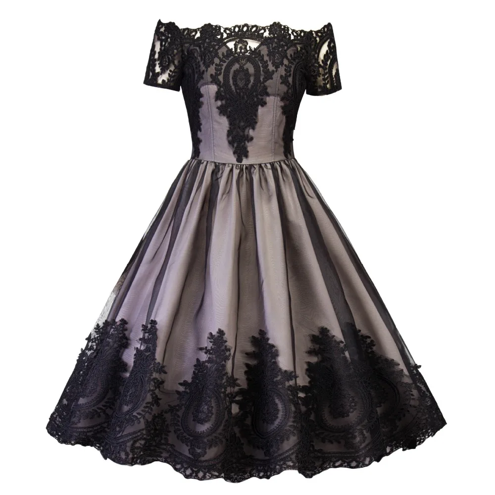 De Vintage Robe Dentelle Robes Manches Noir Cou Evider A Mariage