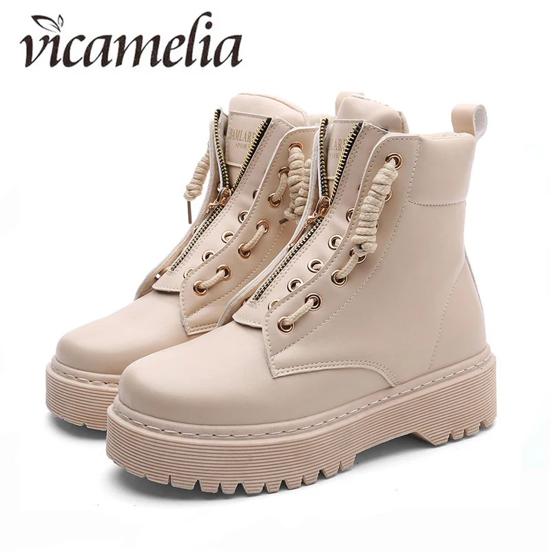 

Vicamelia PU Leather Women Boots Winter Ankle Boots Comfort Platform Women Shoes Zip Gothic Style Motorcycle Boots Booties 035