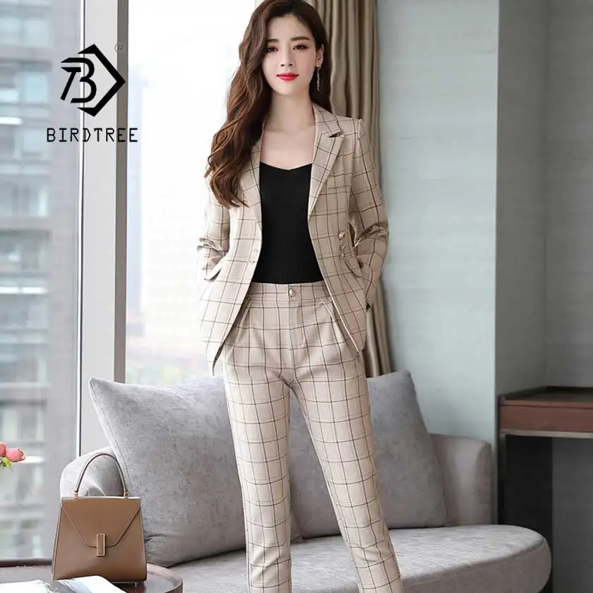 

New Women's Pliad Full Pant Suit Notched Slim Blazer Jacket High Waist Pants Female Office Lady OL 2 Pieces Set Hot Sale S96203Z