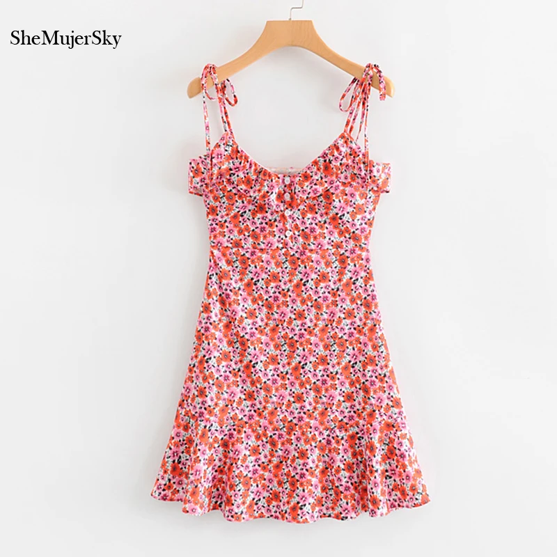 

SheMujerSky Summer Beach Dress Red Floral Print Mini Dress Women Stappy Ruffles Holiday Dresses 2019 sommerkleid