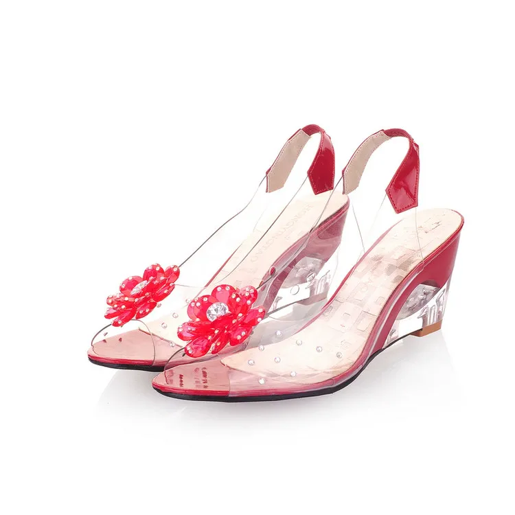 Модная прозрачная обувь с открытым носком; Летние босоножки; коллекция года; женские босоножки на платформе с цветочным узором и кристаллами; женская обувь на танкетке