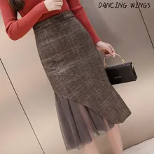 Женские юбки, клетчатая Сексуальная шерстяная юбка русалки с высокой талией, Офисная Женская юбка, сетчатая юбка falda