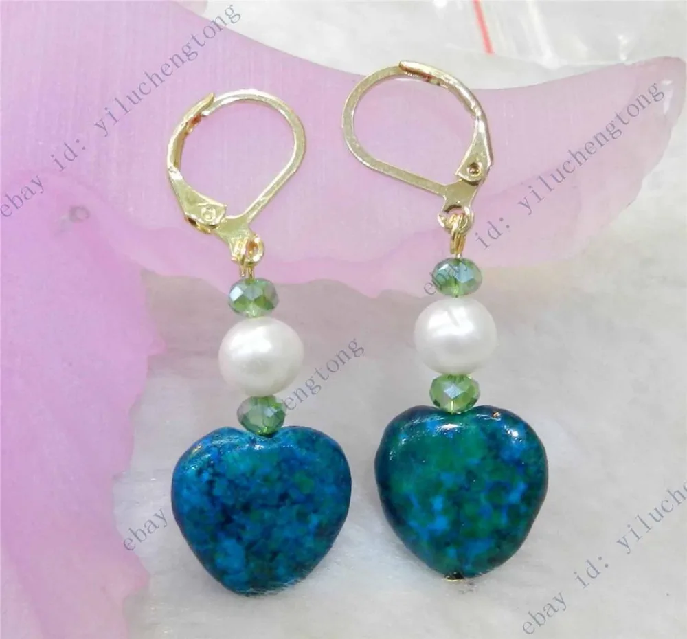 

FREE SHIPPING15MM HEART-SHAPED AZURITE GEMS PHOENIX STONE & TRUE WHITE CULTURED PEARL EARRING