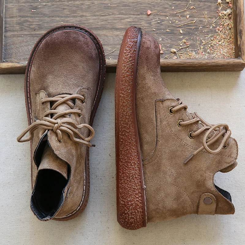 

100% Genuine Genuine Leather Shoes Flat brand quality Ankle Boots Round toe lace up Rivet decoration handmade Shoes