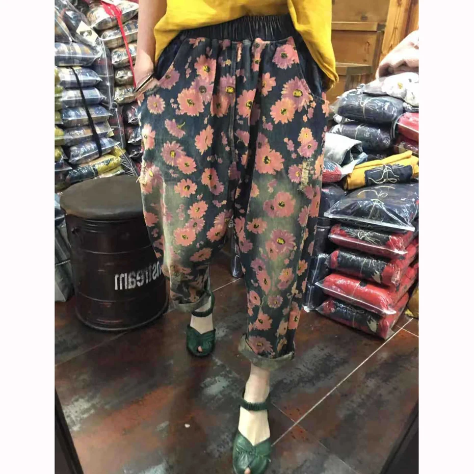 

Women's Straight Pants Bottom Jeans Denim Trousers for Women Floral Print Big Size Oversized Loose Vintage Casual Fashion 62036