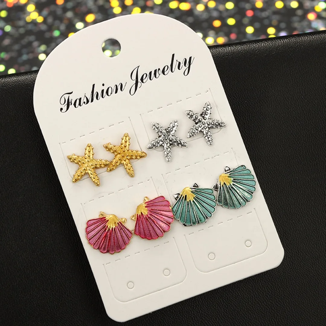 Vintage Starfish Shell Earring Set Shellhard Colorful Metal Sea Star Shell Stud Earrings Women Summer Beach Boho Ear Jewelry
