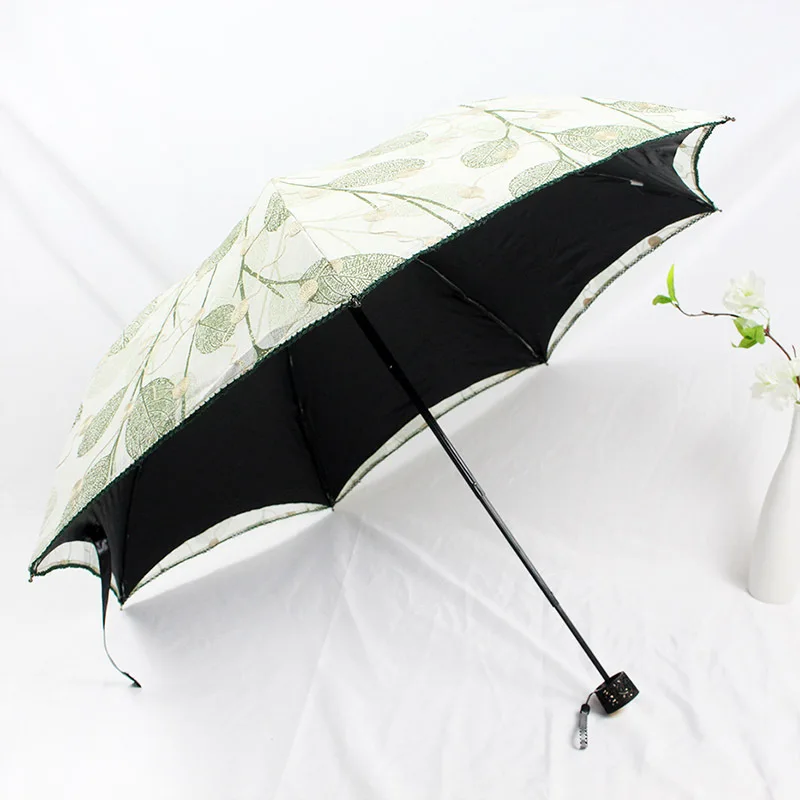 

Double lace parasol protects the lady from uv rays umbrella Leaf modeling three-fold umbrella Embroidery process black tape