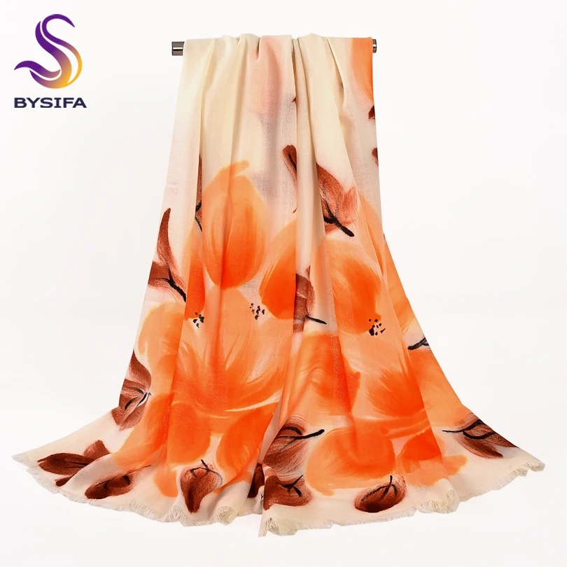 

[BYSIFA] Winter Wool Scarves Women Chinese Hand Painted Long Shawl Scarf New Arrival Beige 100% Wool Cashmere Scarves Pashmina