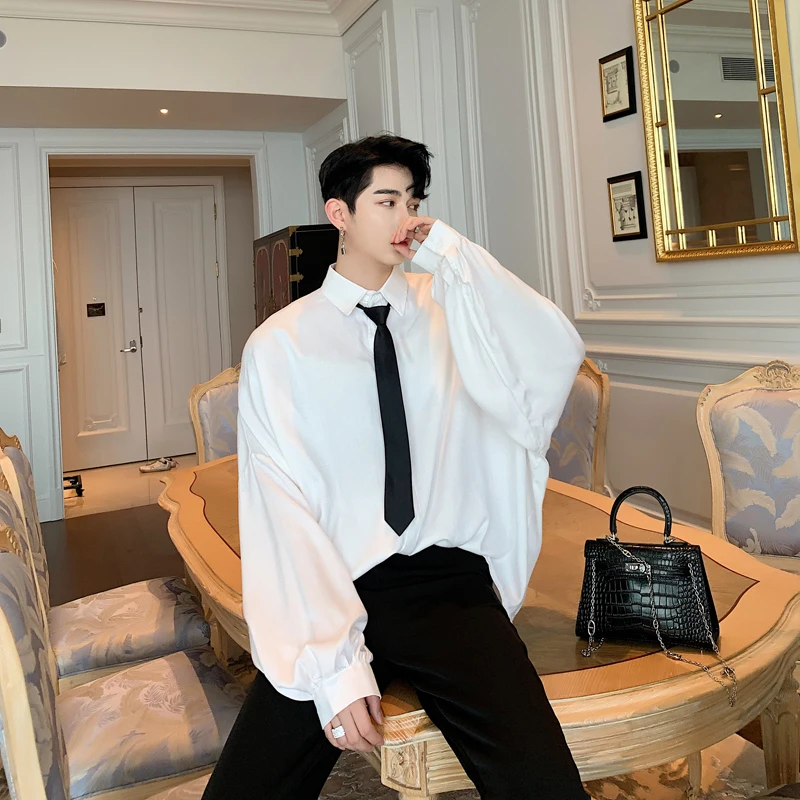 

MenBlack White Shirts Male Women Vintage Oversize Loose Long Sleeve Tie Casual Streetwear Hip Hop Party Stage Show Dress Shirt
