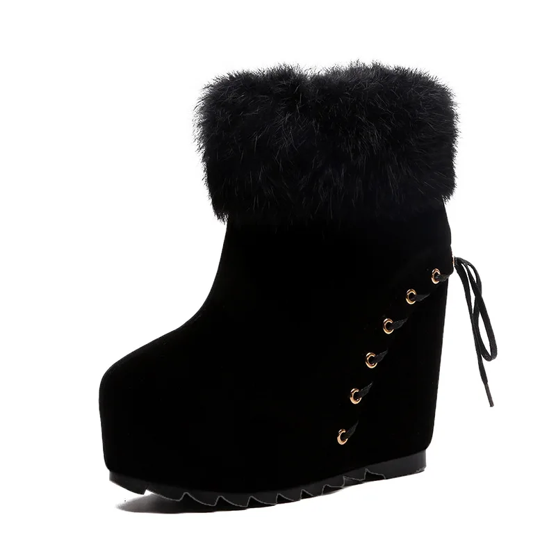 

MoBeiNi 2018 winter new Martin boots slope high heel platform hairy women's shoes short tube warm women's boots