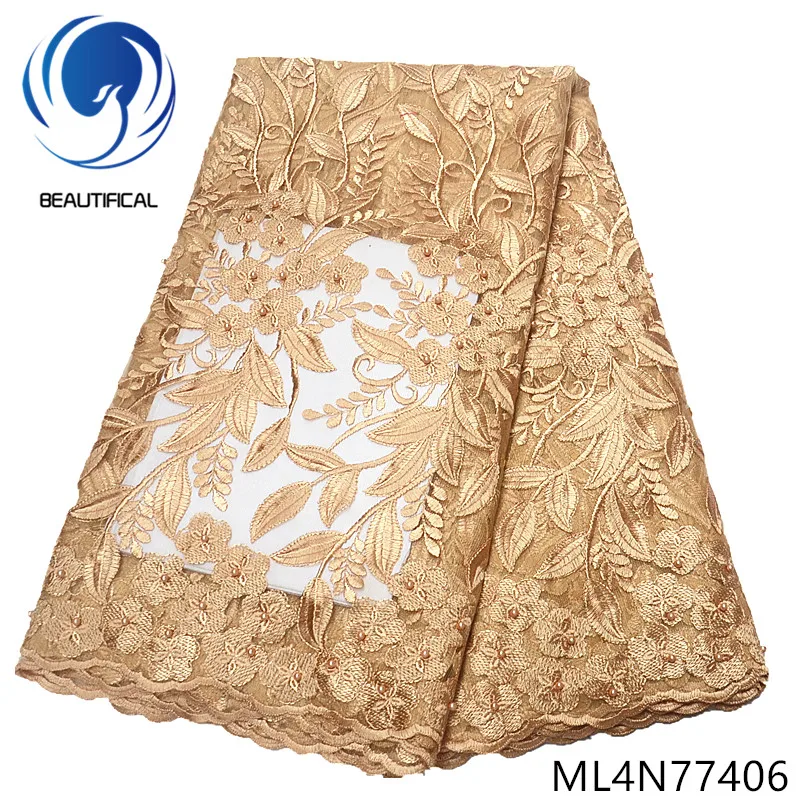 

Beautifical Gold french lace fabrics 5yards/lot New arrival net lace nigerian beads fabric with stones for women dress ML4N774