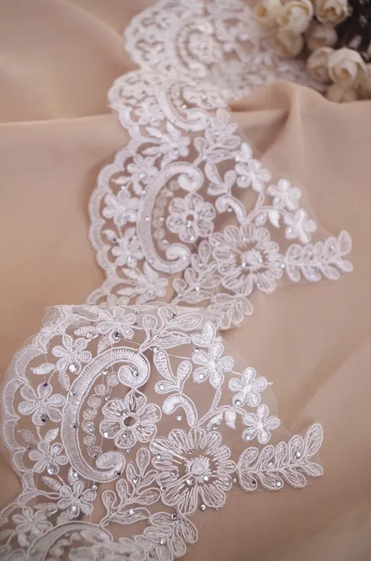 

ivory cord lace trim, scalloped lace trim, rhinestone bead cord lace, 10 yards