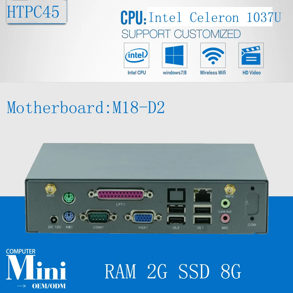 Media Center HTPC безвентиляторный Оконные рамы Мини-ПК x86 Intel Celeron 1037u процессор Full HD 1080 P компьютер ddr3 2 г Оперативная память 8 г SSD