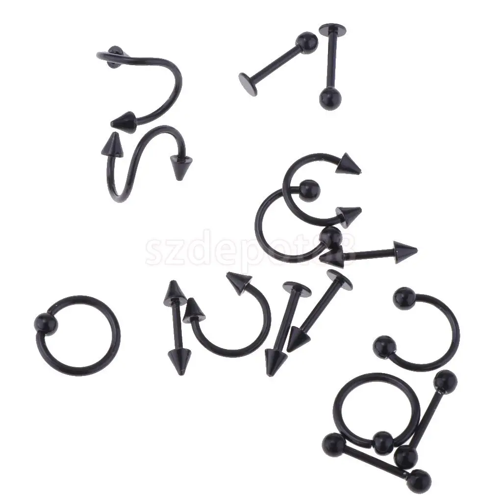 16 Pieces 16g Stainless Steel Assorted Eyebrow Ear Lip Navel Ring Body Piercing Kit