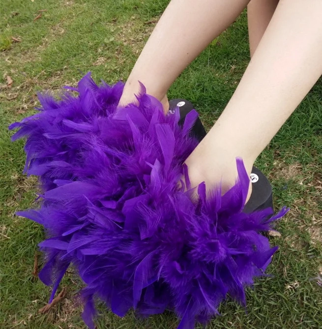 

Qulity Fur Flip Flops Women Sweet Platform Wedges Sandals Ostrich Feathers Slippers 2017 Summer Platform Thongs Beach Slippers